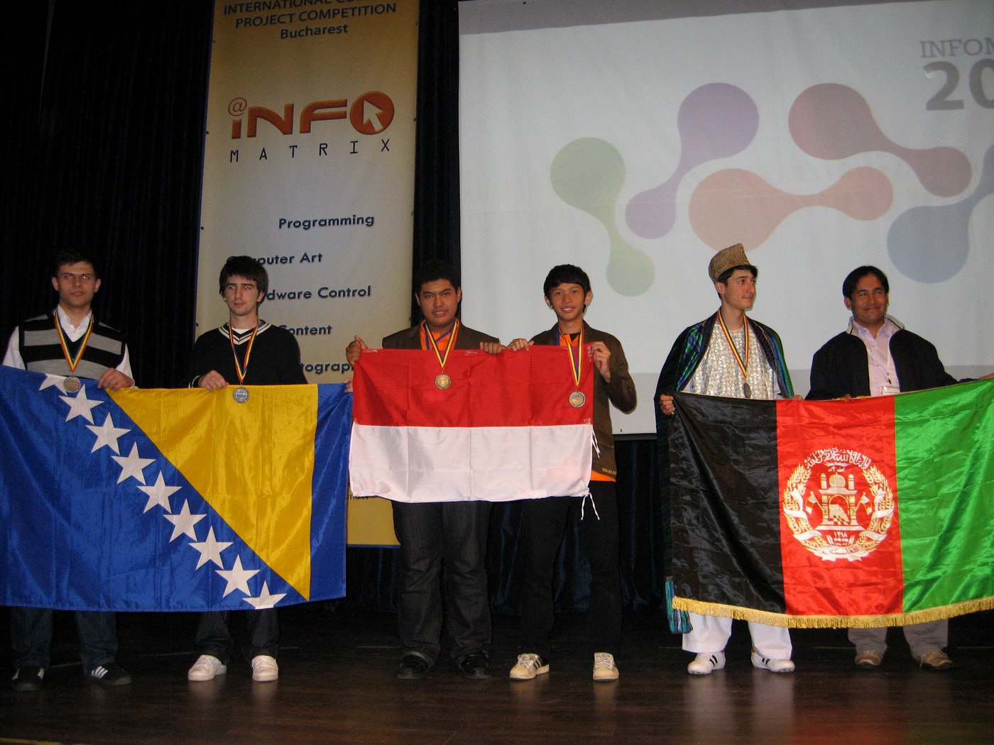 Indonesian team on the Infomatrix 2010 podium in Bucharest